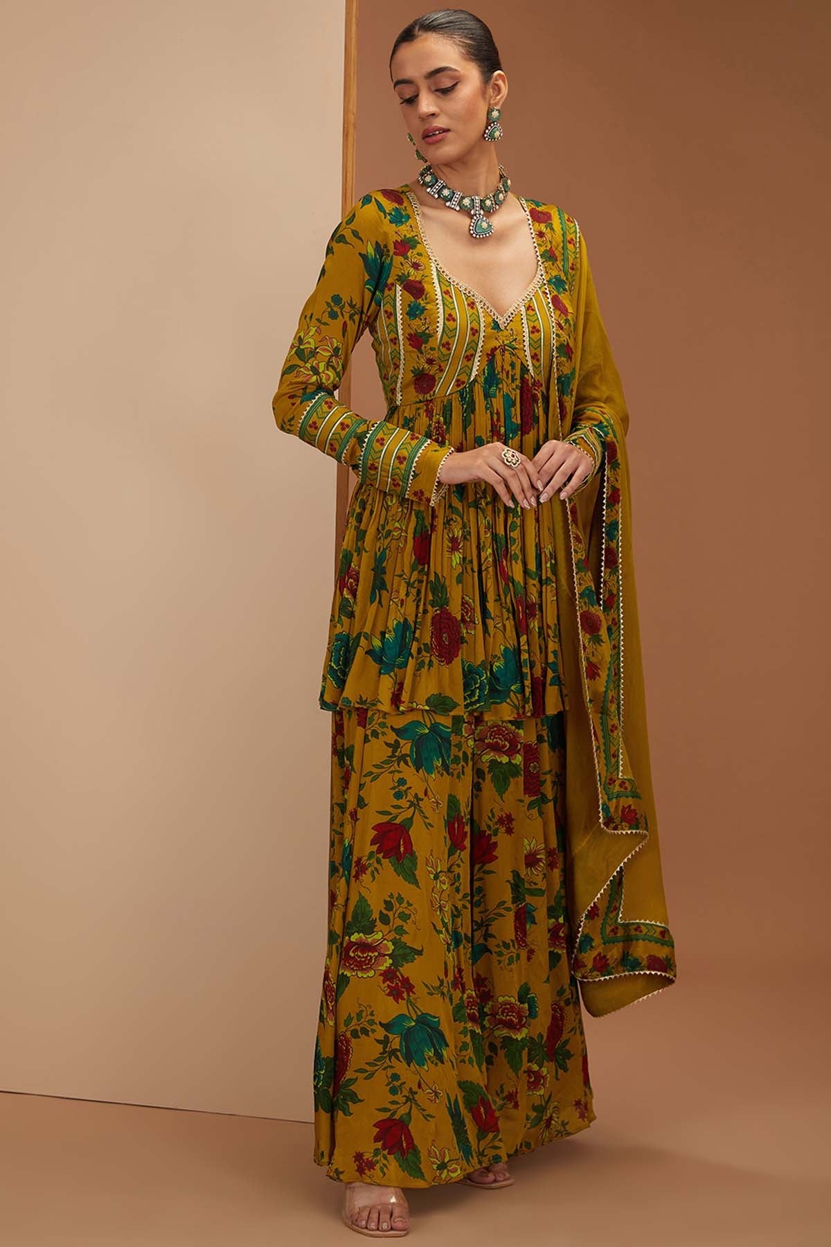 Designer Neha Khullar Mustard Print Gota Sharara Set for Women Online